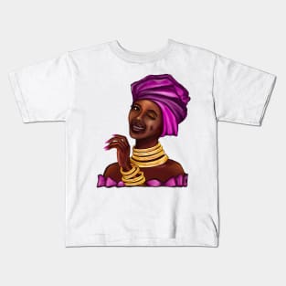 Queen wink side eye Black is beautiful black girl with Gold bangles, neck ring necklace, purple dress and head wrap, brown eyes and dark brown skin ! Kids T-Shirt